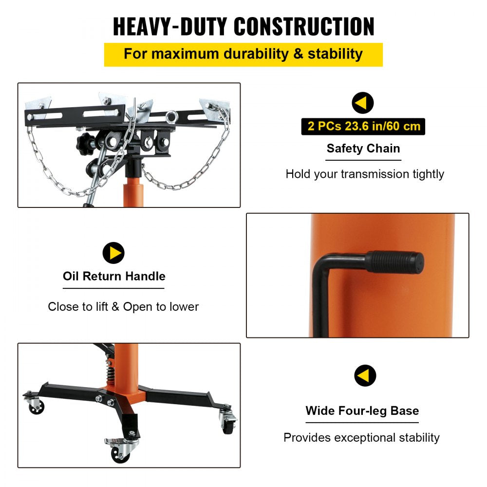 Transmission Jack, 1/2Ton/1100lbs Capacity Hydraulic Telescopic Transmission Jack, 2-Stage Floor Jack Stand with Foot Pedal, 360° Swivel Wheel, Garage/ Shop Lift Hoist, Orange