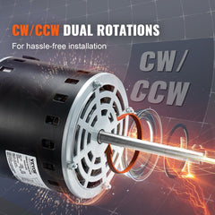 3/4HP Furnace Blower Motor, 208/230V 3.85Amps, 1075RPM 5 Speeds, CW/CCW Rotation, 48 Frame 4.8" Shaft Length, 10μF/450V Capacitor + 11" Hold Hoop