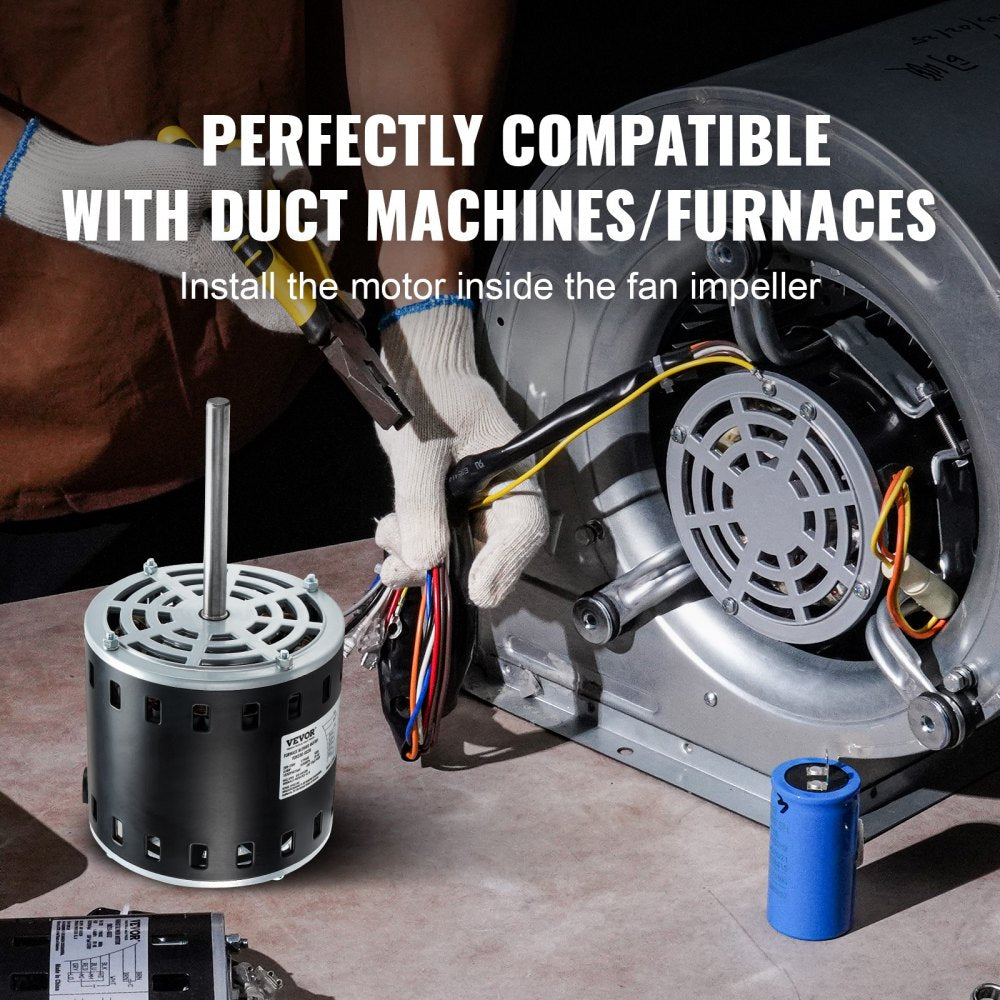 3/4HP Furnace Blower Motor, 208/230V 3.85Amps, 1075RPM 5 Speeds, CW/CCW Rotation, 48 Frame 4.8" Shaft Length, 10μF/450V Capacitor + 11" Hold Hoop