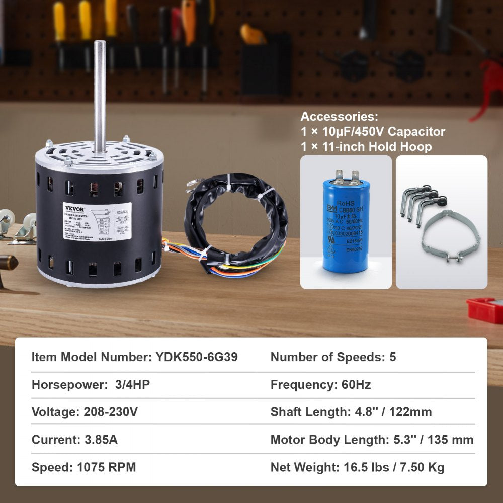 3/4HP Furnace Blower Motor, 208/230V 3.85Amps, 1075RPM 5 Speeds, CW/CCW Rotation, 48 Frame 4.8" Shaft Length, 10μF/450V Capacitor + 11" Hold Hoop