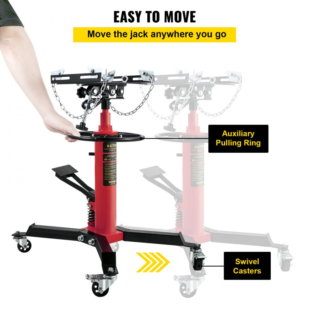 Transmission Jack,3/5 Ton/1322 lbs Capacity Hydraulic Telescopic Transmission Jack, 2-Stage Floor Jack Stand with Foot Pedal, 360° Swivel Wheel, Garage/Shop Lift Hoist, Red