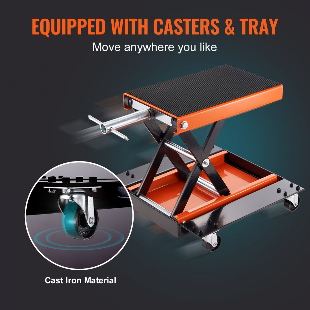 Motorcycle Lift, 1100 LBS Motorcycle Lift ATV Scissor Lift Jack with Dolly & Hand Crank, Center Hoist Crank Stand with Wide Deck & Tool Tray for Street Bikes, Cruiser Bikes, Touring Motorcycles