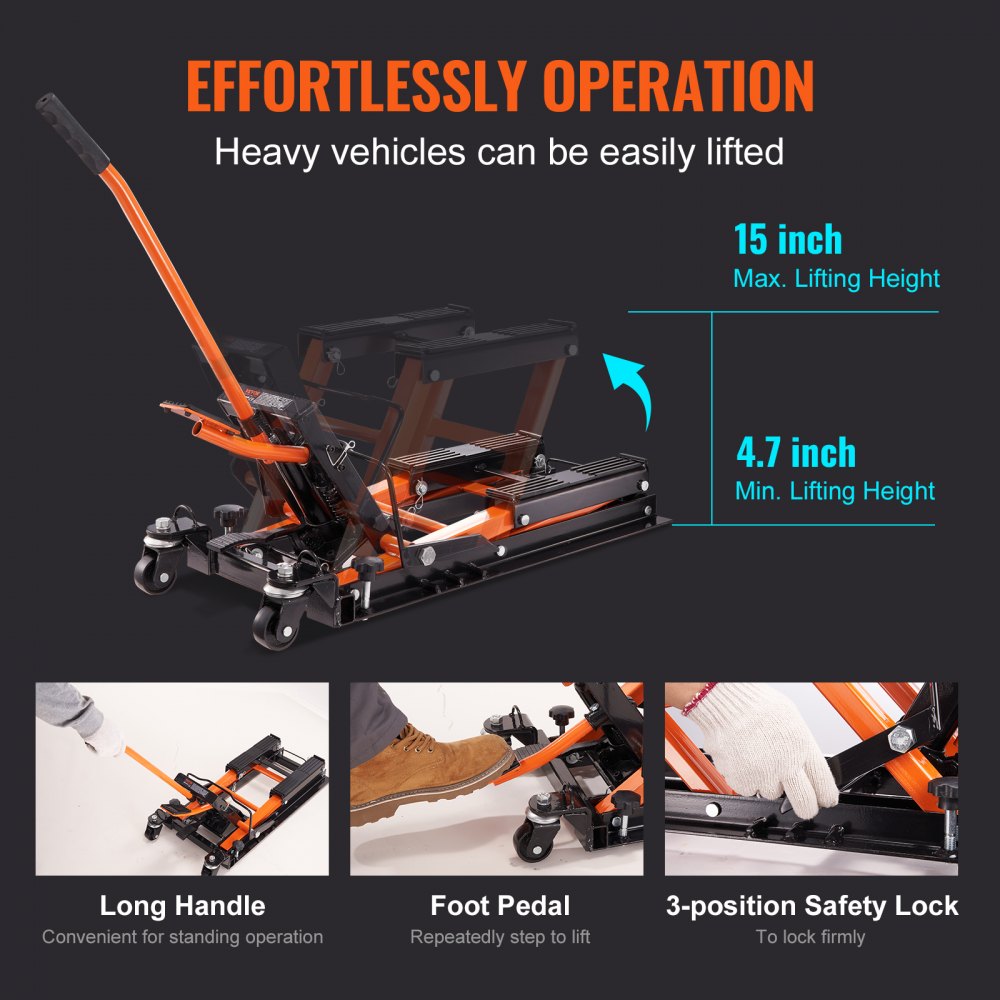 Steel Hydraulic Motorcycle Jack Stand, 1500 LBS ATV Scissor Lift Jack, 4.7"-15" Scissor Lift Jack Stand with 4 Wheels, Hydraulic Foot-Operated Hoist Stand for Motorcycle ATV UTV Powersports