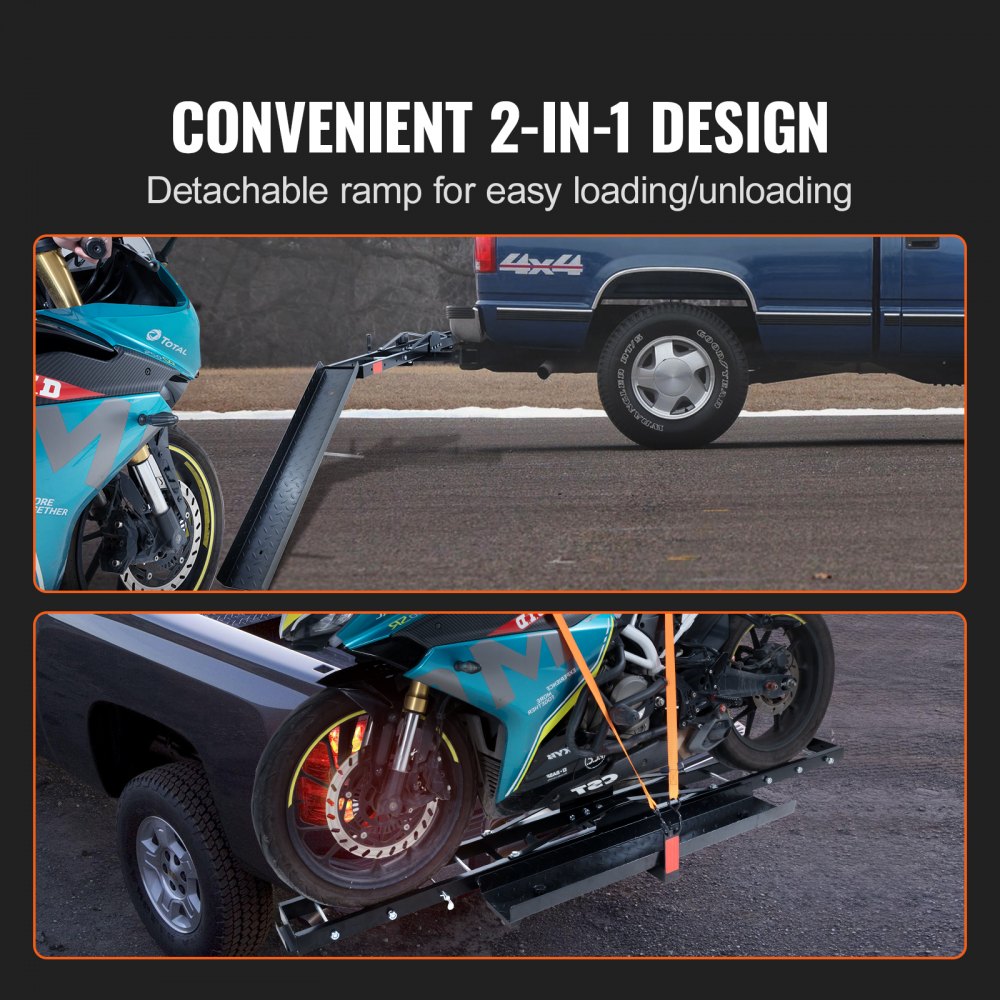 Motorcycle Carrier, 600 LBS Steel Motorcycle Carrier Hitch Mount with Loading Ramp, Scooter Dirt Bike Trailer Hauler with Ratchet Straps and Stabilizer, for Car, Truck with 2" Hitch Receiver