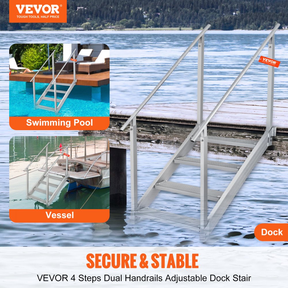 Dock Ladder 4 Step, Dock Stairs 30``-38`` Adjustable Height, 500 lbs Load Capacity, Aluminum Pontoon Boat Ladder with Dual Handrails & Nonslip Rubber Mat for Ship/Lake/Pool/Marine Boarding
