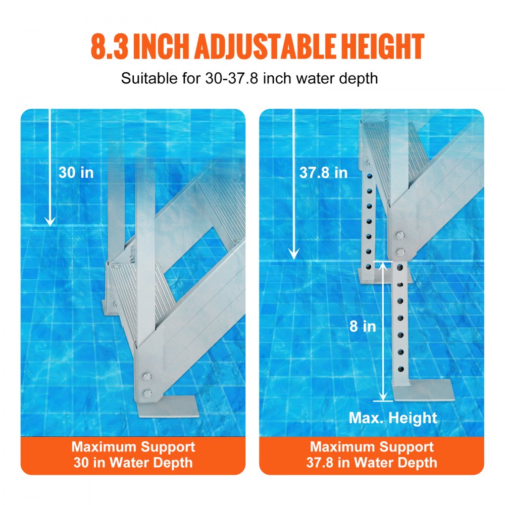 Dock Ladder 4 Step, Dock Stairs 30``-38`` Adjustable Height, 500 lbs Load Capacity, Aluminum Pontoon Boat Ladder with Dual Handrails & Nonslip Rubber Mat for Ship/Lake/Pool/Marine Boarding