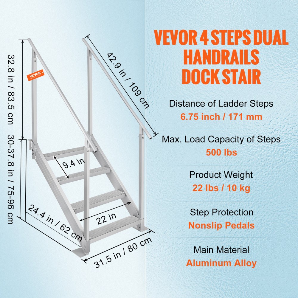 Dock Ladder 4 Step, Dock Stairs 30``-38`` Adjustable Height, 500 lbs Load Capacity, Aluminum Pontoon Boat Ladder with Dual Handrails & Nonslip Rubber Mat for Ship/Lake/Pool/Marine Boarding