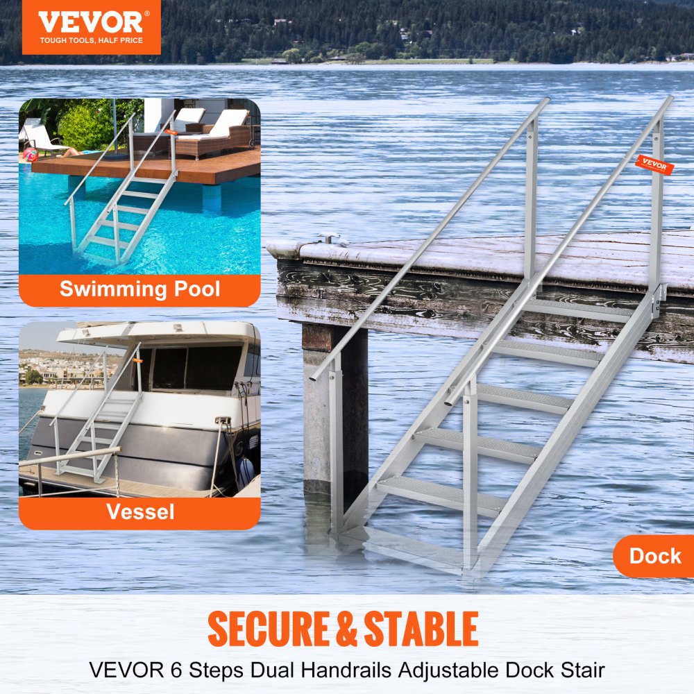 Dock Ladder, 43``-51`` Adjustable Height, 500 lbs Load Capacity, Aluminum Alloy 6 Steps Pontoon Boat Ladder with Dual Handrails & Nonslip Rubber Mat, Ideal for Ship/Lake/Pool/Marine Boarding