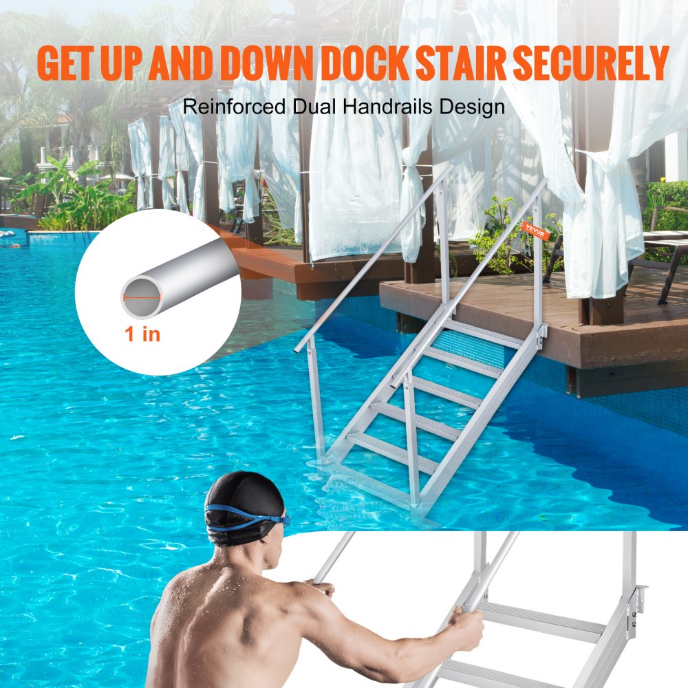 Dock Ladder, 43``-51`` Adjustable Height, 500 lbs Load Capacity, Aluminum Alloy 6 Steps Pontoon Boat Ladder with Dual Handrails & Nonslip Rubber Mat, Ideal for Ship/Lake/Pool/Marine Boarding