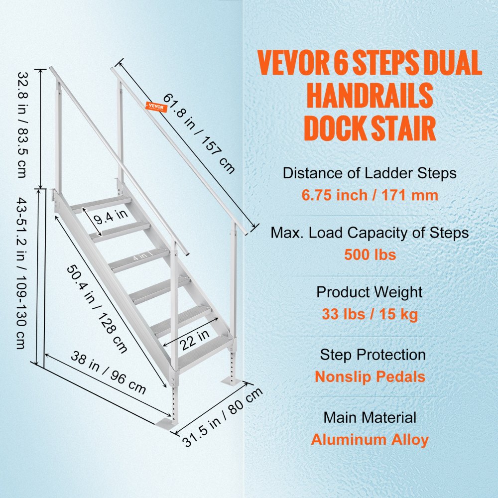 Dock Ladder, 43``-51`` Adjustable Height, 500 lbs Load Capacity, Aluminum Alloy 6 Steps Pontoon Boat Ladder with Dual Handrails & Nonslip Rubber Mat, Ideal for Ship/Lake/Pool/Marine Boarding