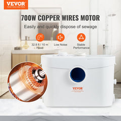 Macerator Pump, 700W, 9600 L/h Flow, 32.8 ft/10 m Head, Macerator Sewerage Sump Pump with 3 Water Inlets for Toilet, Basement, Kitchen, Sink, Shower, Bathtub Waste Water Disposal Upflush Machine