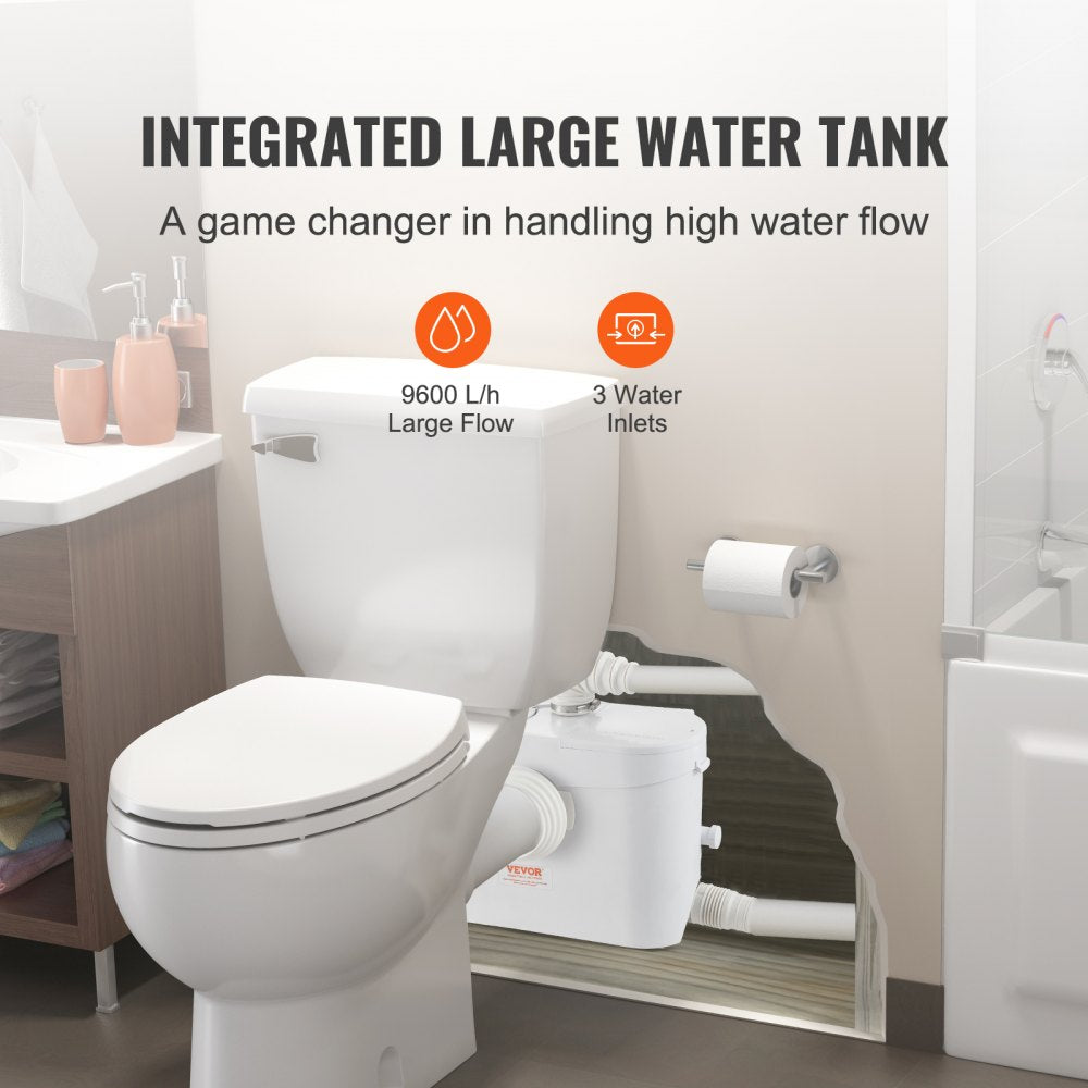 Macerator Pump, 700W, 9600 L/h Flow, 32.8 ft/10 m Head, Macerator Sewerage Sump Pump with 3 Water Inlets for Toilet, Basement, Kitchen, Sink, Shower, Bathtub Waste Water Disposal Upflush Machine