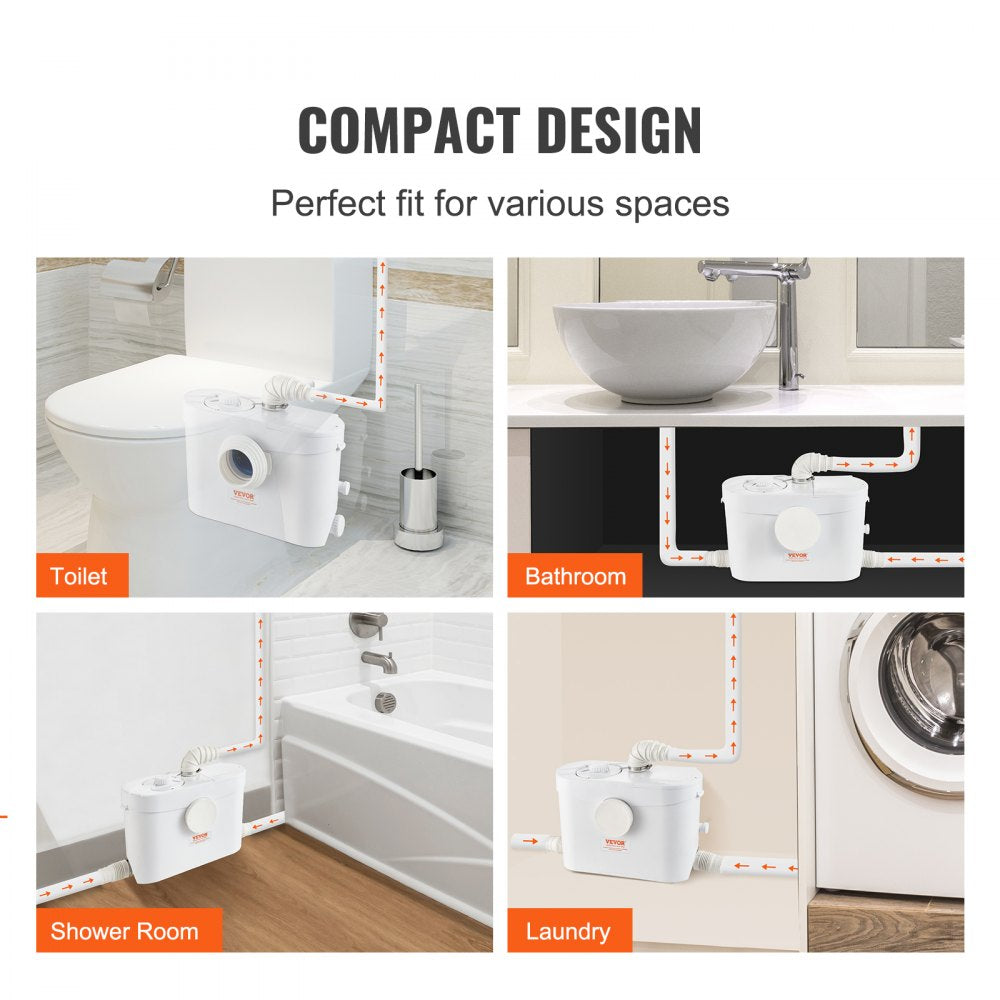 Macerator Pump, 700W, 9600 L/h Flow, 32.8 ft/10 m Head, Macerator Sewerage Sump Pump with 3 Water Inlets for Toilet, Basement, Kitchen, Sink, Shower, Bathtub Waste Water Disposal Upflush Machine