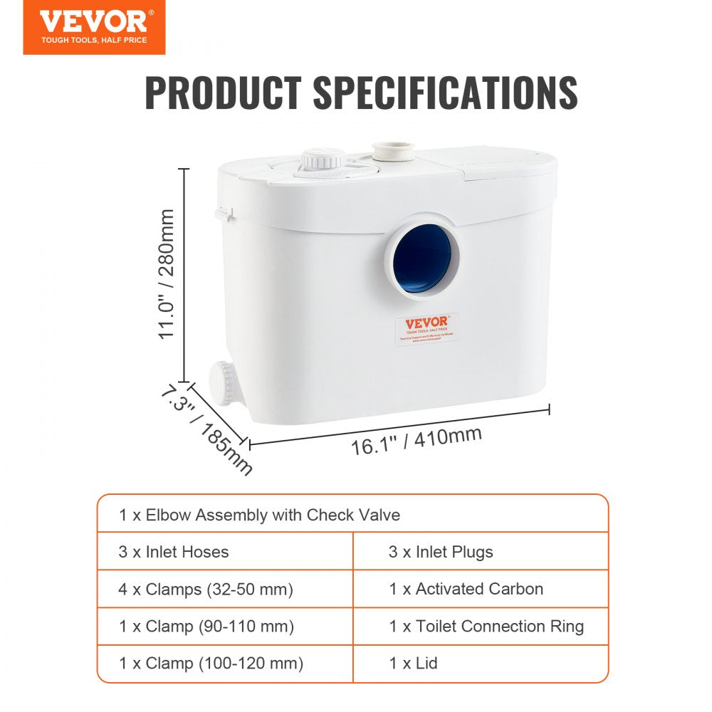 Macerator Pump, 700W, 9600 L/h Flow, 32.8 ft/10 m Head, Macerator Sewerage Sump Pump with 3 Water Inlets for Toilet, Basement, Kitchen, Sink, Shower, Bathtub Waste Water Disposal Upflush Machine