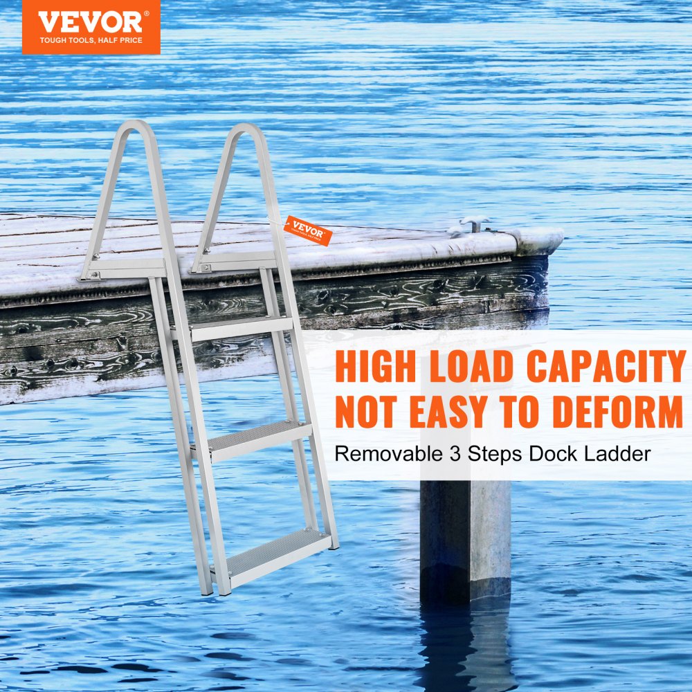 Dock Ladder, Removable 3 Steps, 350 lbs Load Capacity, Aluminum Alloy Pontoon Boat Ladder with 4`` Wide Step & Nonslip Rubber Mat, Easy to Install for Ship/Lake/Pool/Marine Boarding