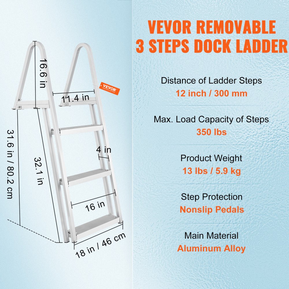 Dock Ladder, Removable 3 Steps, 350 lbs Load Capacity, Aluminum Alloy Pontoon Boat Ladder with 4`` Wide Step & Nonslip Rubber Mat, Easy to Install for Ship/Lake/Pool/Marine Boarding