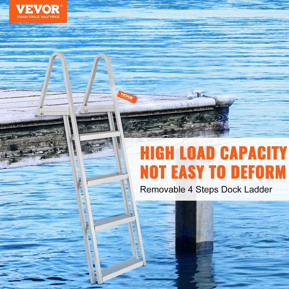 Dock Ladder, Removable 4 Steps, 350 lbs Load Capacity, Aluminum Alloy Pontoon Boat Ladder with 4`` Wide Step & Nonslip Rubber Mat, Easy to Install for Ship/Lake/Pool/Marine Boarding