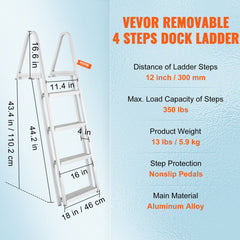 Dock Ladder, Removable 4 Steps, 350 lbs Load Capacity, Aluminum Alloy Pontoon Boat Ladder with 4`` Wide Step & Nonslip Rubber Mat, Easy to Install for Ship/Lake/Pool/Marine Boarding