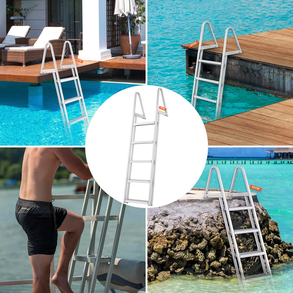 Dock Ladder, Removable 5 Steps, 350 lbs Load Capacity, Aluminum Alloy Pontoon Boat Ladder with 4`` Wide Step & Nonslip Rubber Mat, Easy to Install for Ship/Lake/Pool/Marine Boarding