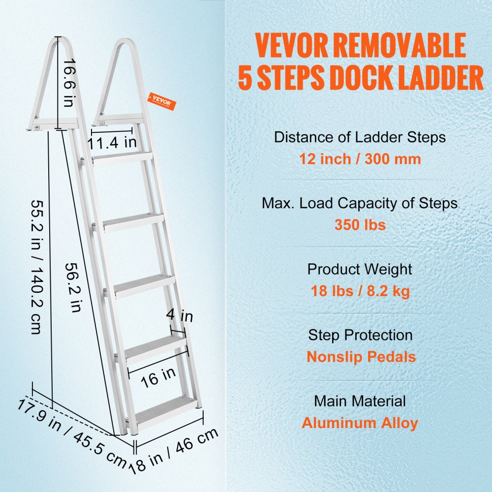 Dock Ladder, Removable 5 Steps, 350 lbs Load Capacity, Aluminum Alloy Pontoon Boat Ladder with 4`` Wide Step & Nonslip Rubber Mat, Easy to Install for Ship/Lake/Pool/Marine Boarding