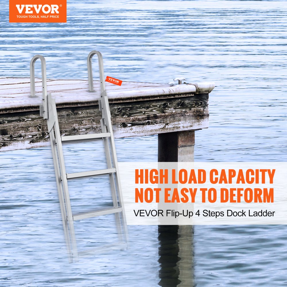 Dock Ladder Flip Up 4 Steps, 350lbs Load Capacity, Aluminum Pontoon Boat Ladder with 4" Wide Step & Nonslip Rubber Mat,Swimm Step Ladder for Ship/Lake/Pool/Marine Boarding