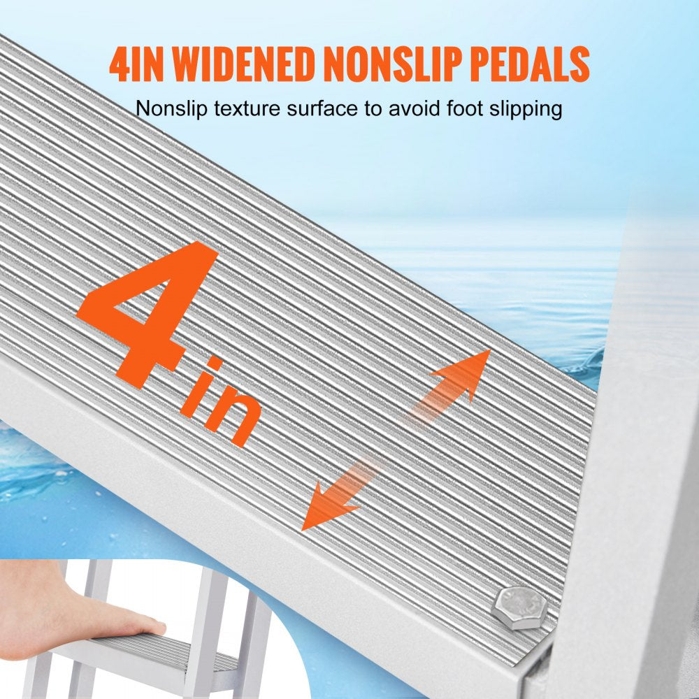 Dock Ladder Flip Up 4 Steps, 350lbs Load Capacity, Aluminum Pontoon Boat Ladder with 4" Wide Step & Nonslip Rubber Mat,Swimm Step Ladder for Ship/Lake/Pool/Marine Boarding