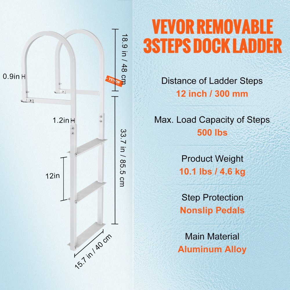 Dock Ladder, Removable 3 Steps, 500 lbs Load Capacity, Aluminum Alloy Pontoon Boat Ladder with 3.1`` Wide Step & Nonslip Rubber Mat, Easy to Install for Ship/Lake/Pool/Marine Boarding