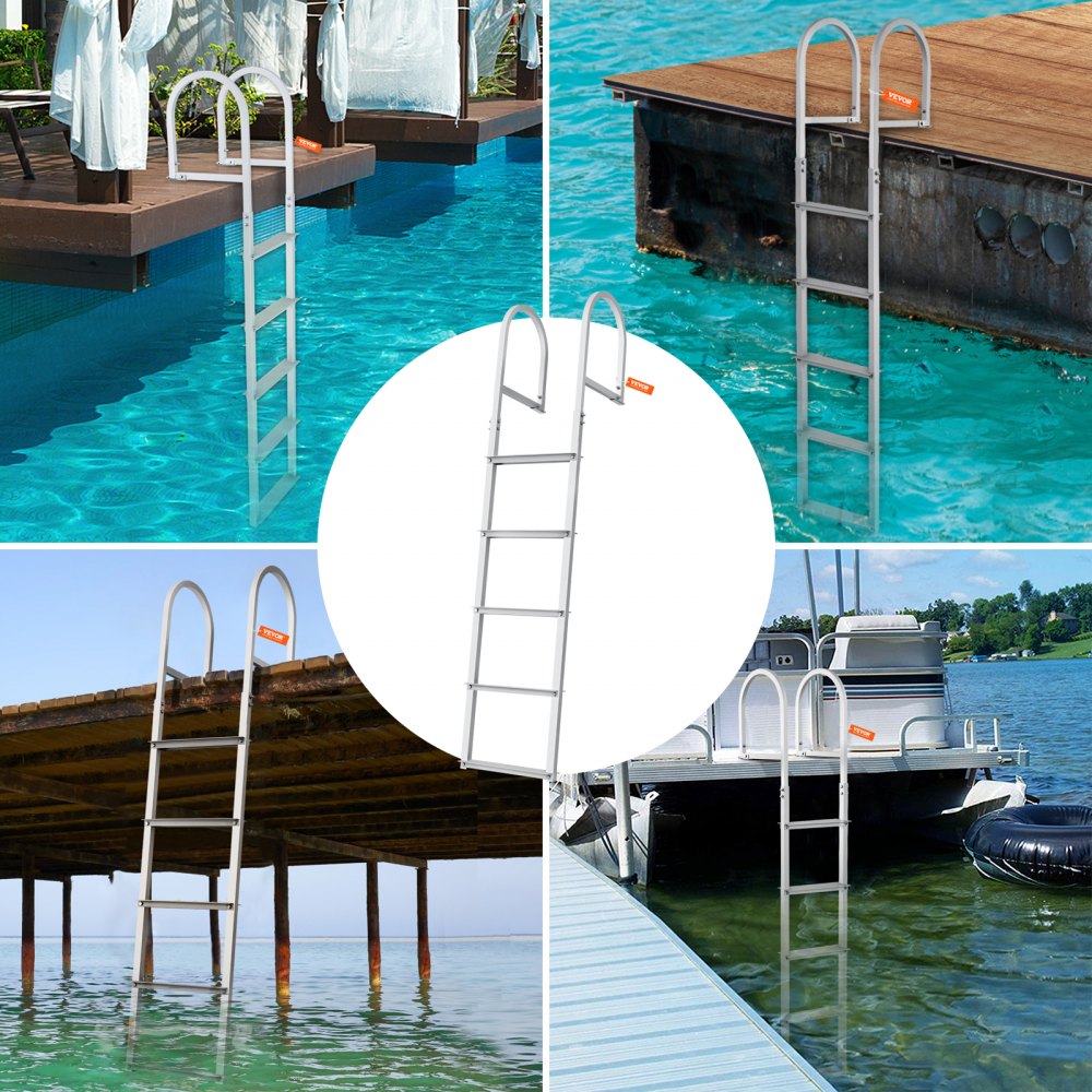 Dock Ladder, Removable 5 Steps, 500 lbs Load Capacity, Aluminum Alloy Pontoon Boat Ladder with 3.1`` Wide Step & Nonslip Rubber Mat, Easy to Install for Ship/Lake/Pool/Marine Boarding