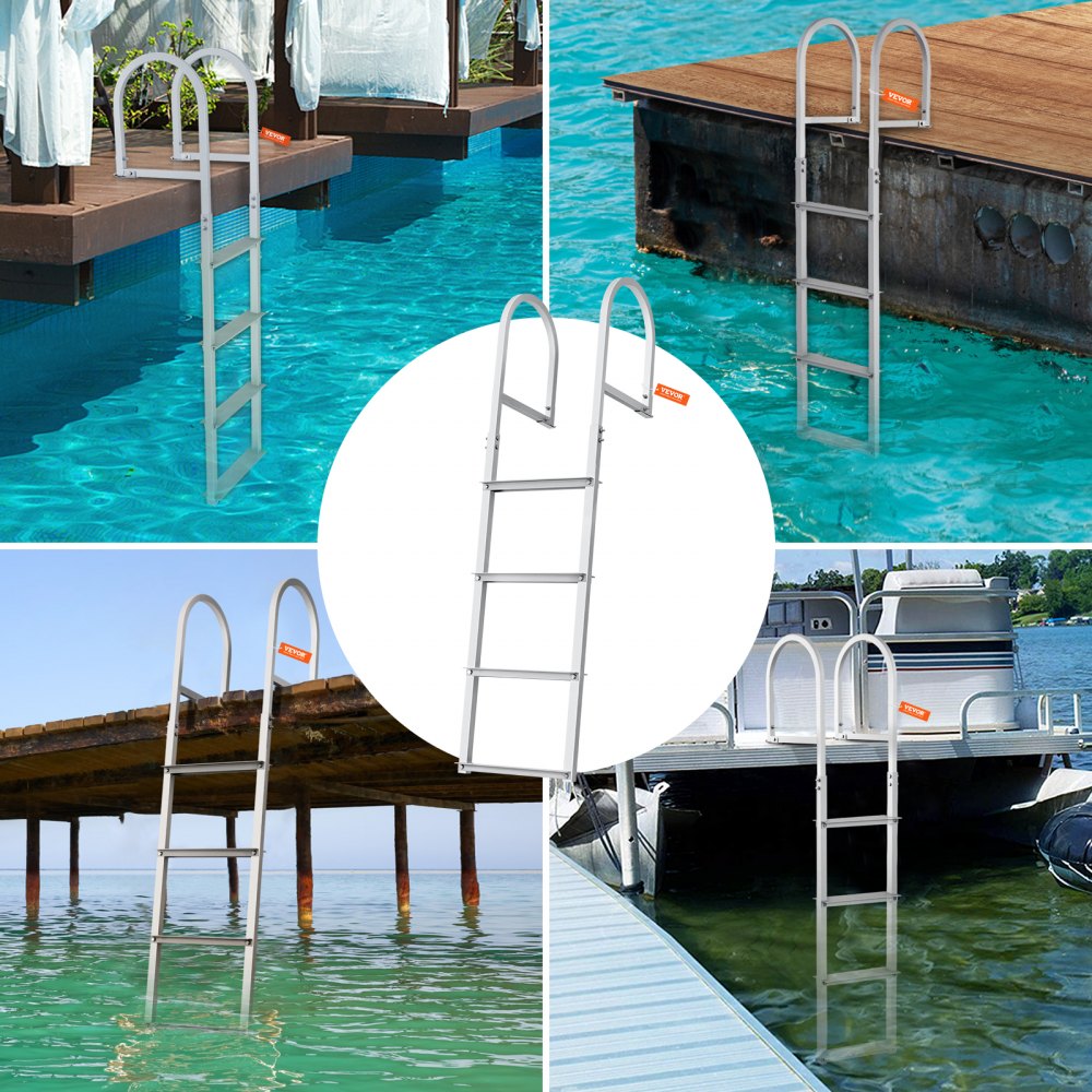 Dock Ladder, Removable 4 Steps, 500 lbs Load Capacity, Aluminum Alloy Pontoon Boat Ladder with 3.1`` Wide Step & Nonslip Rubber Mat, Easy to Install for Ship/Lake/Pool/Marine Boarding