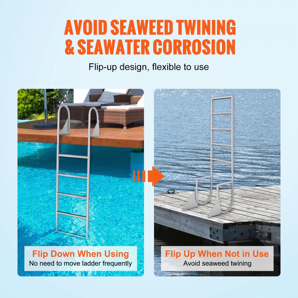 Dock Ladder, Flip-Up 5 Steps, 350 lbs Load Capacity, Aluminum Alloy Pontoon Boat Ladder with 2`` Wide Step & Nonslip Rubber Mat, Easy to Install for Ship/Lake/Pool/Marine Boarding