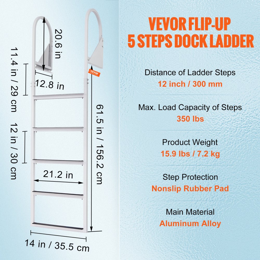 Dock Ladder, Flip-Up 5 Steps, 350 lbs Load Capacity, Aluminum Alloy Pontoon Boat Ladder with 2`` Wide Step & Nonslip Rubber Mat, Easy to Install for Ship/Lake/Pool/Marine Boarding