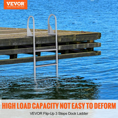 Dock Ladder, Flip-Up 3 Steps, 350 lbs Load Capacity, Aluminum Alloy Pontoon Boat Ladder with 2`` Wide Step & Nonslip Rubber Mat, Easy to Install for Ship/Lake/Pool/Marine Boarding
