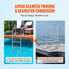 Dock Ladder, Flip-Up 3 Steps, 350 lbs Load Capacity, Aluminum Alloy Pontoon Boat Ladder with 2`` Wide Step & Nonslip Rubber Mat, Easy to Install for Ship/Lake/Pool/Marine Boarding
