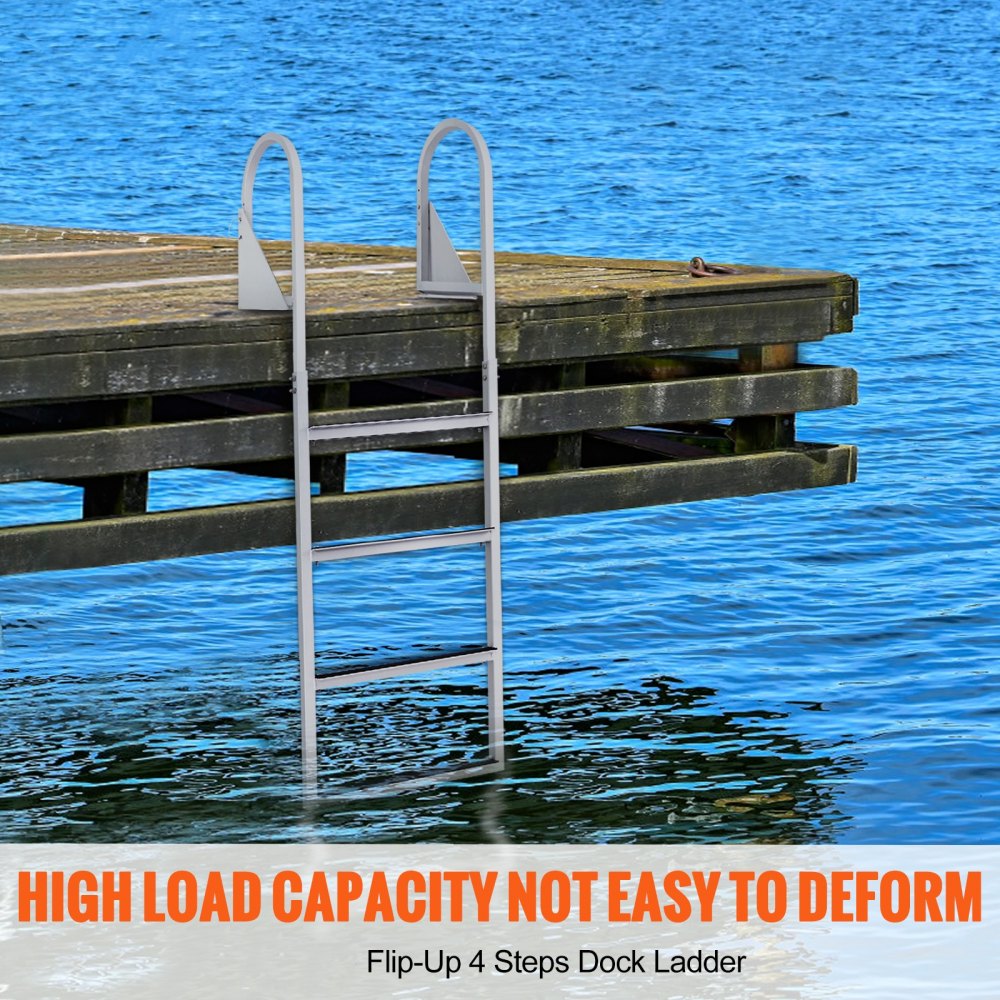 Dock Ladder, Flip-Up 4 Steps, 350 lbs Load Capacity, Aluminum Alloy Pontoon Boat Ladder with 2`` Wide Step & Nonslip Rubber Mat, Easy to Install for Ship/Lake/Pool/Marine Boarding