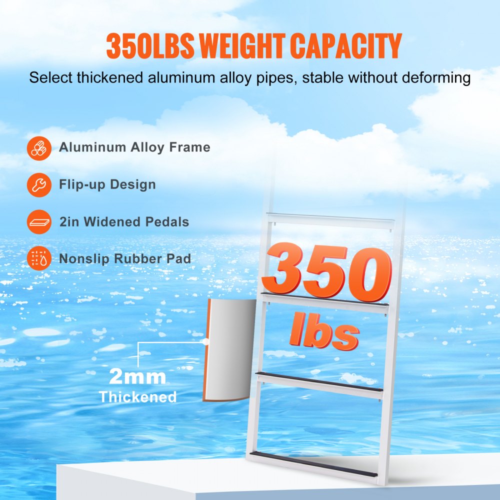 Dock Ladder, Flip-Up 4 Steps, 350 lbs Load Capacity, Aluminum Alloy Pontoon Boat Ladder with 2`` Wide Step & Nonslip Rubber Mat, Easy to Install for Ship/Lake/Pool/Marine Boarding