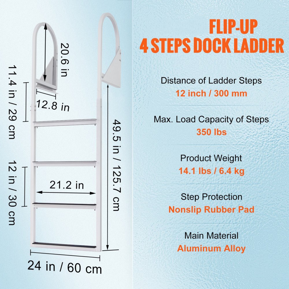 Dock Ladder, Flip-Up 4 Steps, 350 lbs Load Capacity, Aluminum Alloy Pontoon Boat Ladder with 2`` Wide Step & Nonslip Rubber Mat, Easy to Install for Ship/Lake/Pool/Marine Boarding