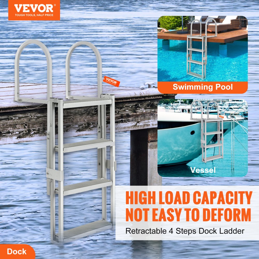 Dock Ladder, Retractable 4 Steps, 350 lbs Load Capacity, Aluminum Alloy Pontoon Boat Ladder with 55.1``-67.1`` Adjustable Height, 4`` Wide Step & Rubber Mat, for Ship/Lake/Pool/Marine Boarding