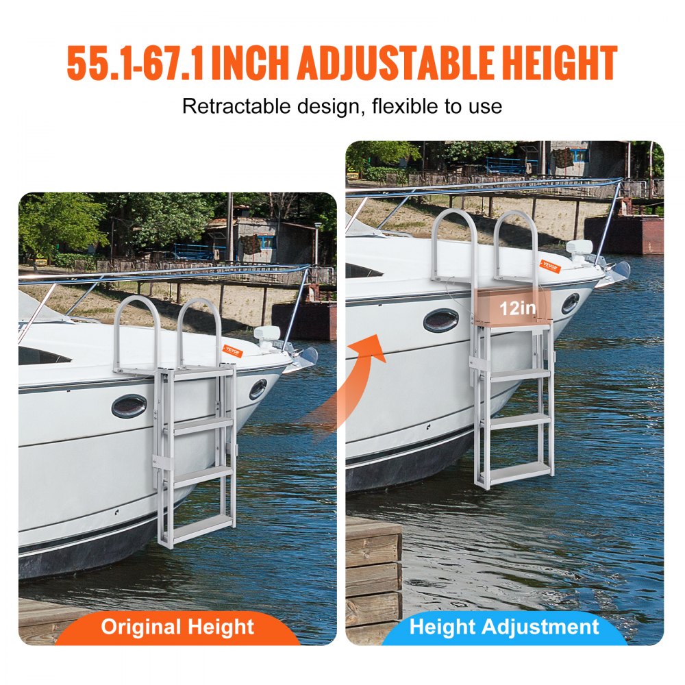 Dock Ladder, Retractable 4 Steps, 350 lbs Load Capacity, Aluminum Alloy Pontoon Boat Ladder with 55.1``-67.1`` Adjustable Height, 4`` Wide Step & Rubber Mat, for Ship/Lake/Pool/Marine Boarding