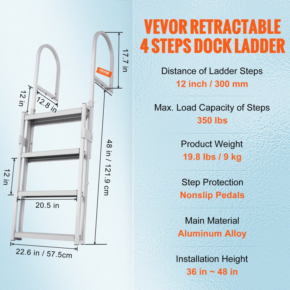 Dock Ladder, Retractable 4 Steps, 350 lbs Load Capacity, Aluminum Alloy Pontoon Boat Ladder with 55.1``-67.1`` Adjustable Height, 4`` Wide Step & Rubber Mat, for Ship/Lake/Pool/Marine Boarding