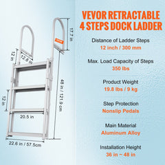 Dock Ladder, Retractable 4 Steps, 350 lbs Load Capacity, Aluminum Alloy Pontoon Boat Ladder with 55.1``-67.1`` Adjustable Height, 4`` Wide Step & Rubber Mat, for Ship/Lake/Pool/Marine Boarding