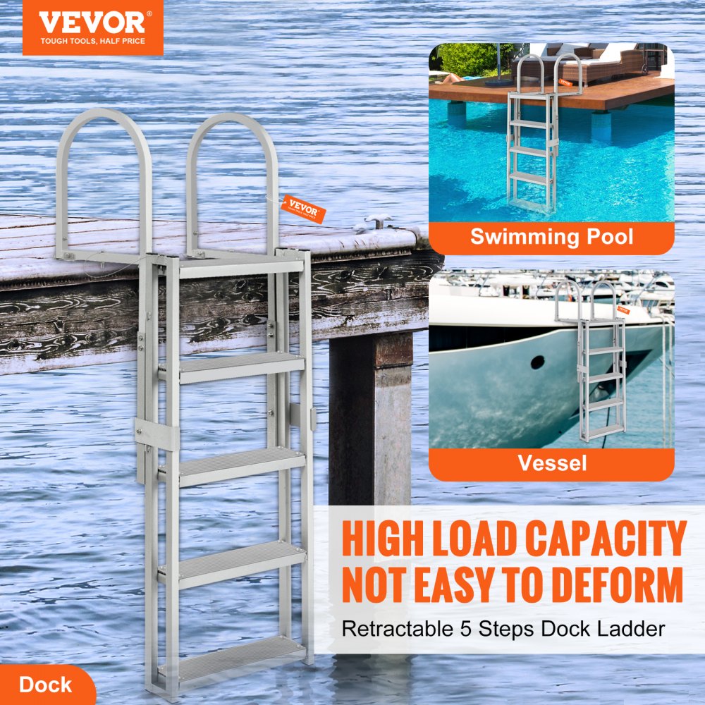 Dock Ladder, Retractable 5 Steps, 350 lbs Load Capacity, Aluminum Alloy Pontoon Boat Ladder with 66.9``-78.9`` Adjustable Height, 4`` Wide Step & Rubber Mat, for Ship/Lake/Pool/Marine Boarding