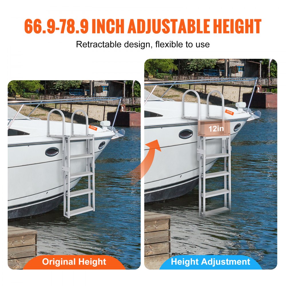 Dock Ladder, Retractable 5 Steps, 350 lbs Load Capacity, Aluminum Alloy Pontoon Boat Ladder with 66.9``-78.9`` Adjustable Height, 4`` Wide Step & Rubber Mat, for Ship/Lake/Pool/Marine Boarding