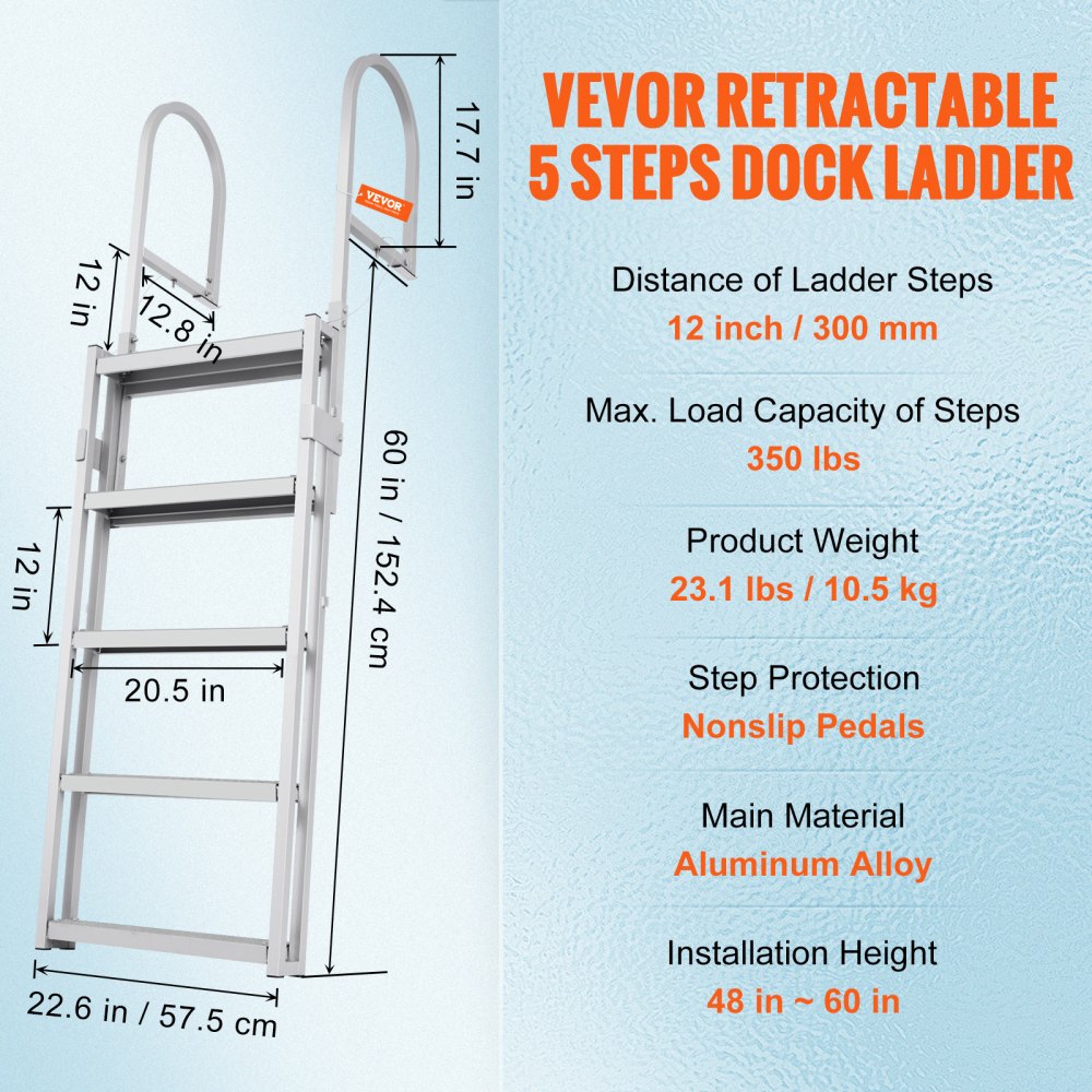 Dock Ladder, Retractable 5 Steps, 350 lbs Load Capacity, Aluminum Alloy Pontoon Boat Ladder with 66.9``-78.9`` Adjustable Height, 4`` Wide Step & Rubber Mat, for Ship/Lake/Pool/Marine Boarding