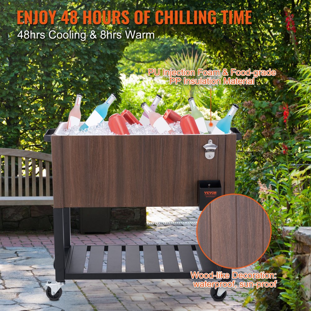 Rolling Ice Chest Cooler Cart 80 Quart, Portable Bar Drink Cooler, Beverage Bar Stand Up Cooler with Wheels, Bottle Opener, Handles for Patio Backyard Party Pool, Wooden Teak Accent, Brown