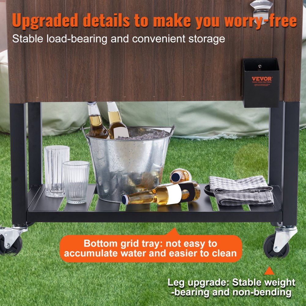 Rolling Ice Chest Cooler Cart 80 Quart, Portable Bar Drink Cooler, Beverage Bar Stand Up Cooler with Wheels, Bottle Opener, Handles for Patio Backyard Party Pool, Wooden Teak Accent, Brown