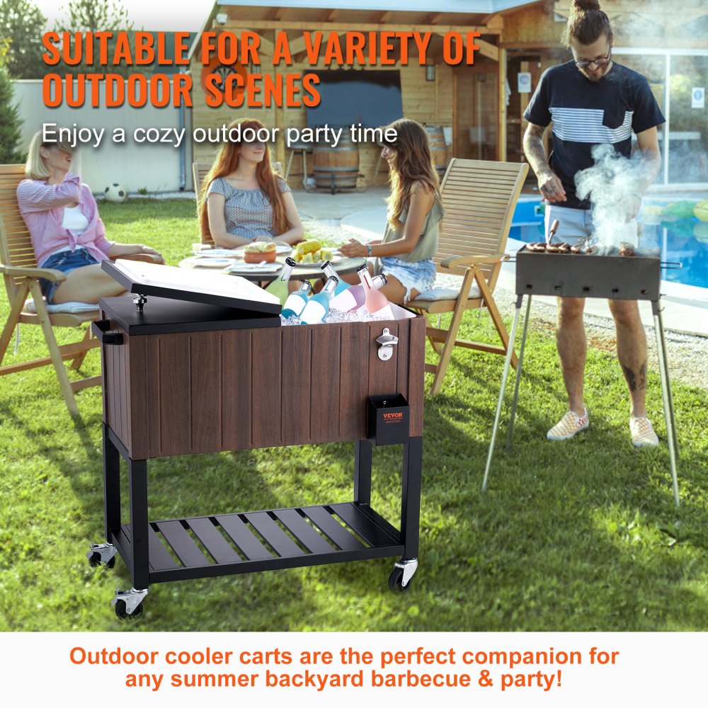 Rolling Ice Chest Cooler Cart 80 Quart, Portable Bar Drink Cooler, Beverage Bar Stand Up Cooler with Wheels, Bottle Opener, Handles for Patio Backyard Party Pool, Wooden Teak Accent, Brown