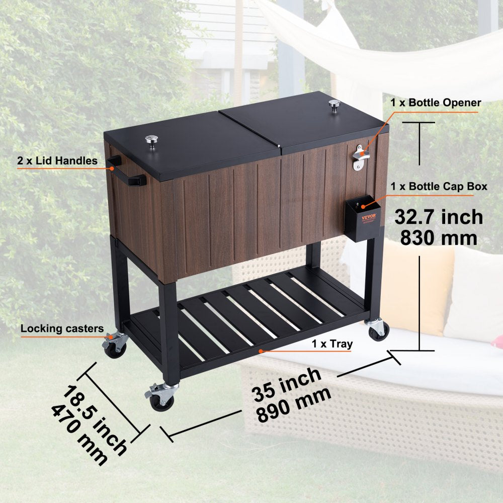 Rolling Ice Chest Cooler Cart 80 Quart, Portable Bar Drink Cooler, Beverage Bar Stand Up Cooler with Wheels, Bottle Opener, Handles for Patio Backyard Party Pool, Wooden Teak Accent, Brown