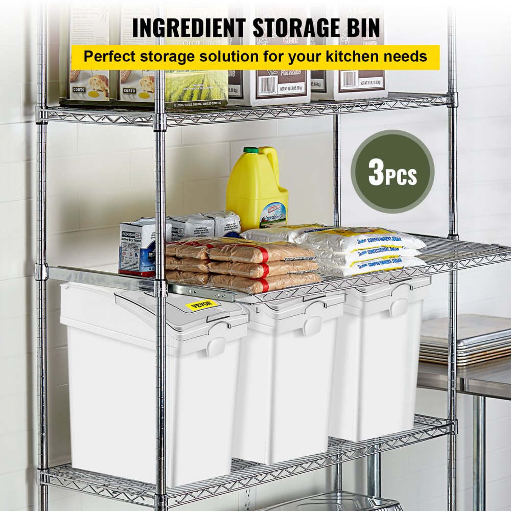Ingredient Bin, 6.6 Gallons Capacity Ingredient Storage Bin, 3 Pcs/Set, PP Material Flour Bins On Wheels, White Shelf Ingredient Bin with Scoop and Sliding Lid, Commercial Storage Bins