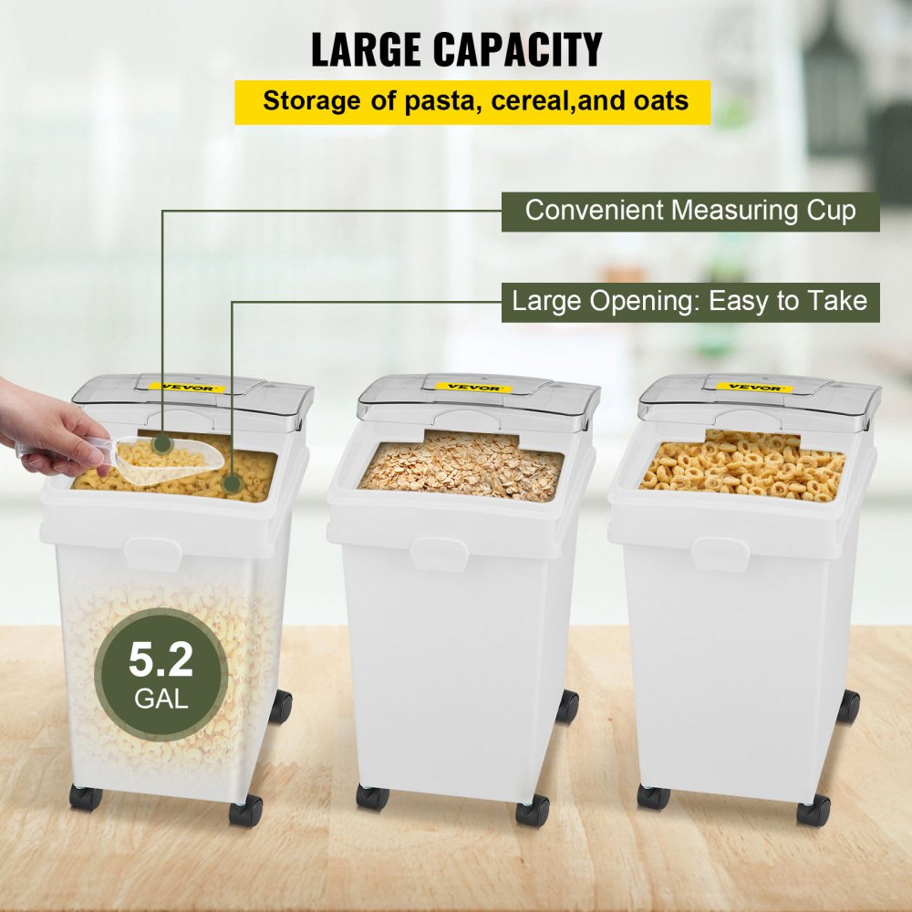 Ingredient Bin, 6.6 Gallons Capacity Ingredient Storage Bin, 3 Pcs/Set, PP Material Flour Bins On Wheels, White Shelf Ingredient Bin with Scoop and Sliding Lid, Commercial Storage Bins