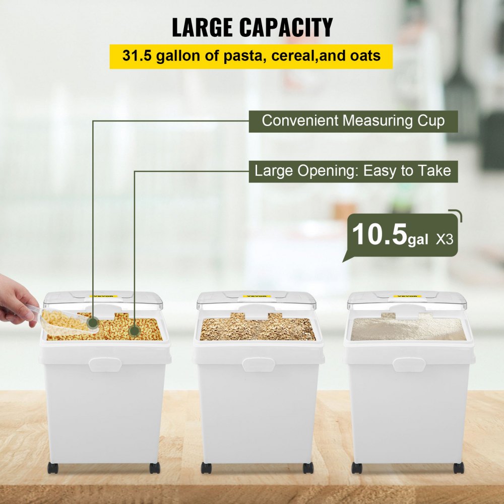 Ingredient Bin, 10.5 Gallons Capacity Ingredient Storage Bin, PP Material Flour Bins On Wheels, White Shelf Ingredient Bin with Scoop and Sliding Lid, Commercial Storage Bins 3 Pcs/Set